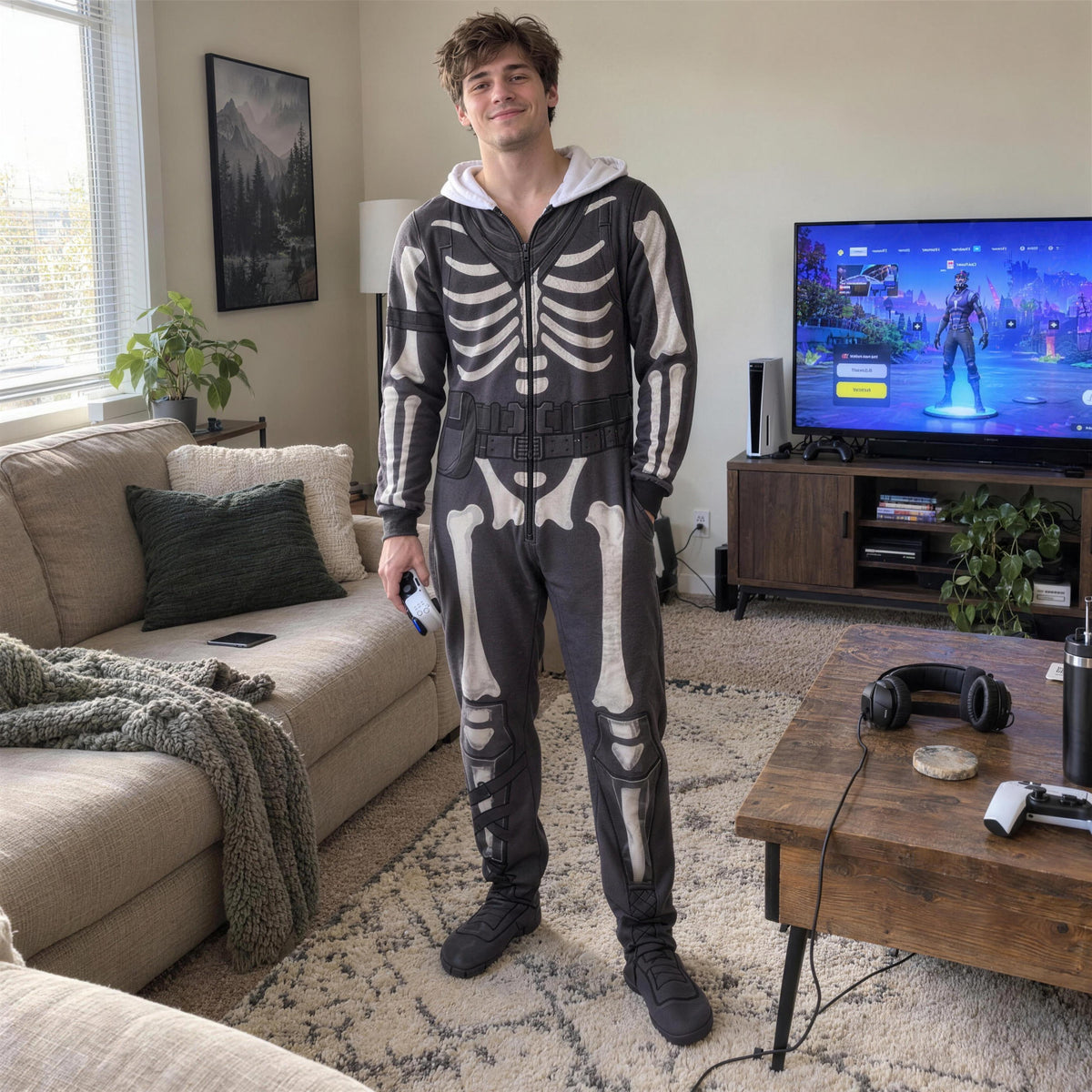 Wearing the Lyvoe skeleton onesie at home for a gaming night