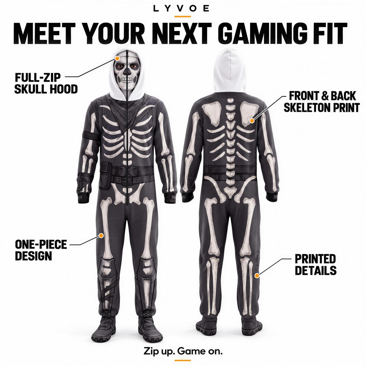 Lyvoe skull onesie — full-zip hood, front and back skeleton print and one-piece design